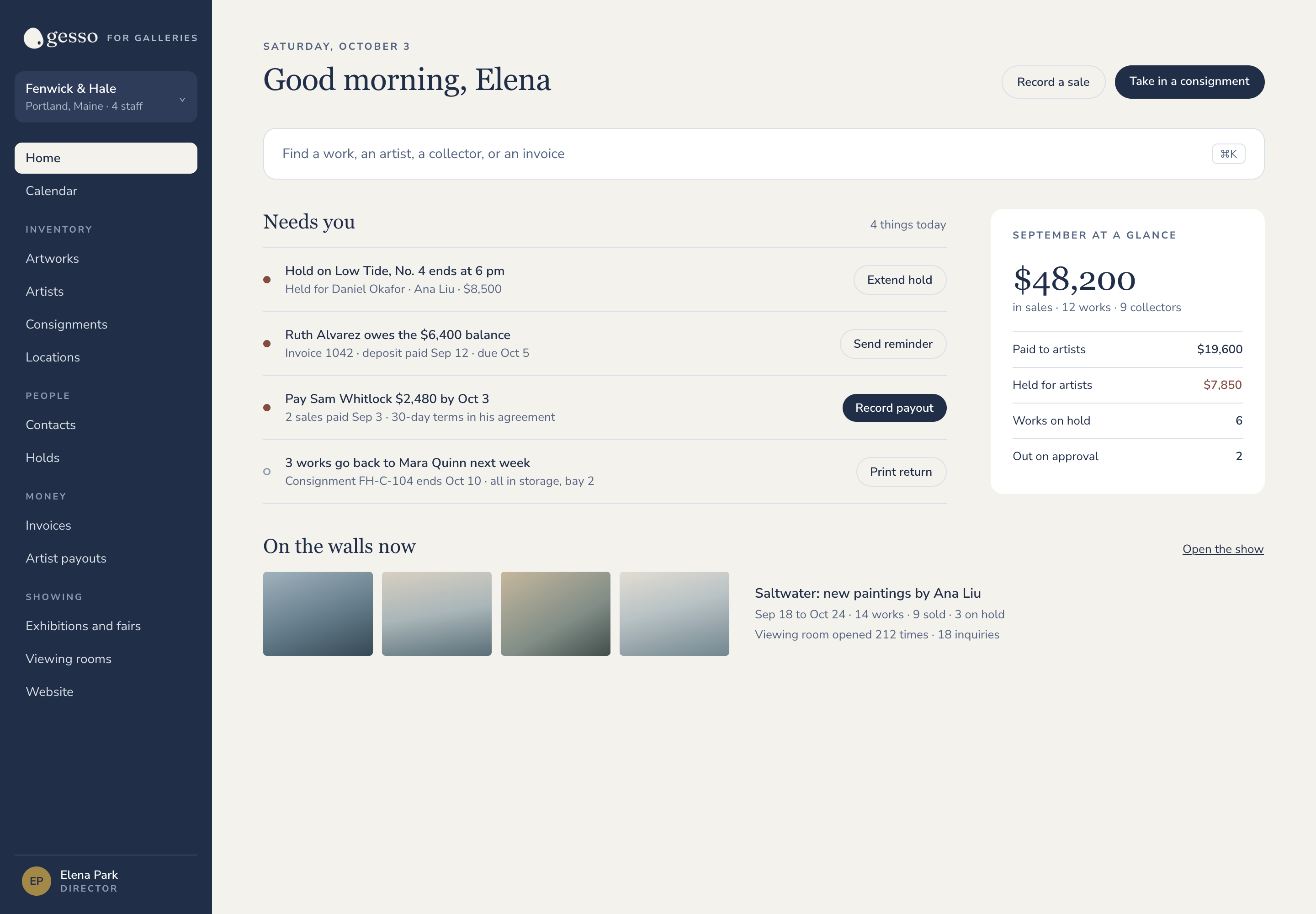 The Home screen of a gallery's workspace: holds ending today, a balance owed, an artist payout due, and the month's sales
